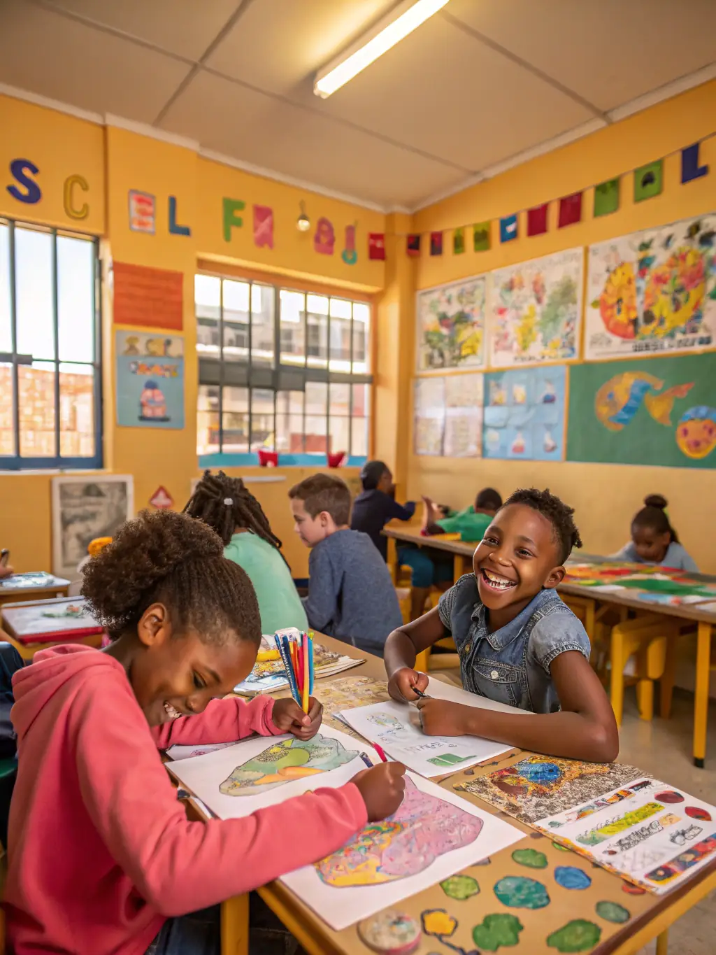 A vibrant photo of children gathered around a table, deeply engrossed in reading various books, showcasing the joy of reading and the impact of BCD PASTEUR's reading programs.