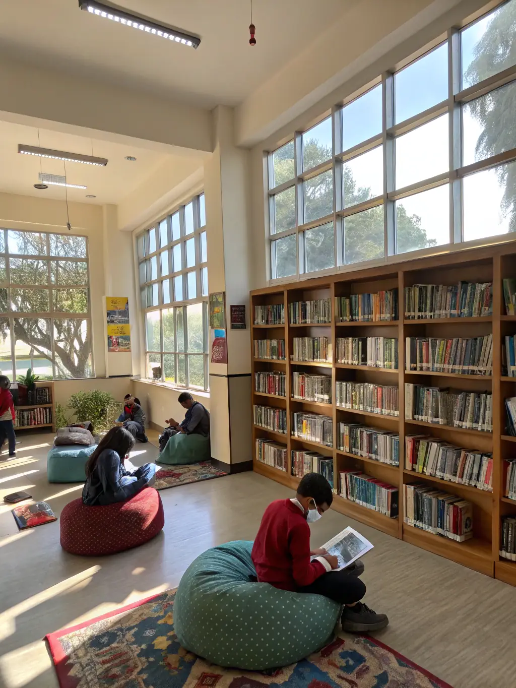A picture of a school library filled with a diverse collection of books, donated and organized by BCD PASTEUR, showcasing the organization's commitment to providing resources.