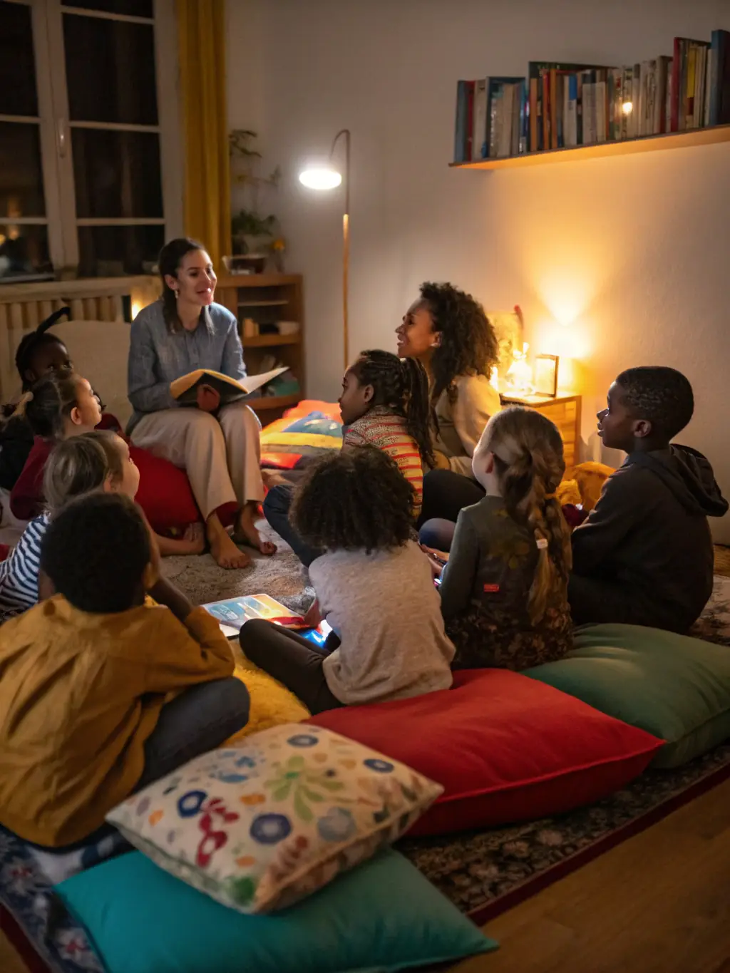 A vibrant image of children participating in a storytelling session at a local school, showcasing BCD PASTEUR's engagement with young learners.