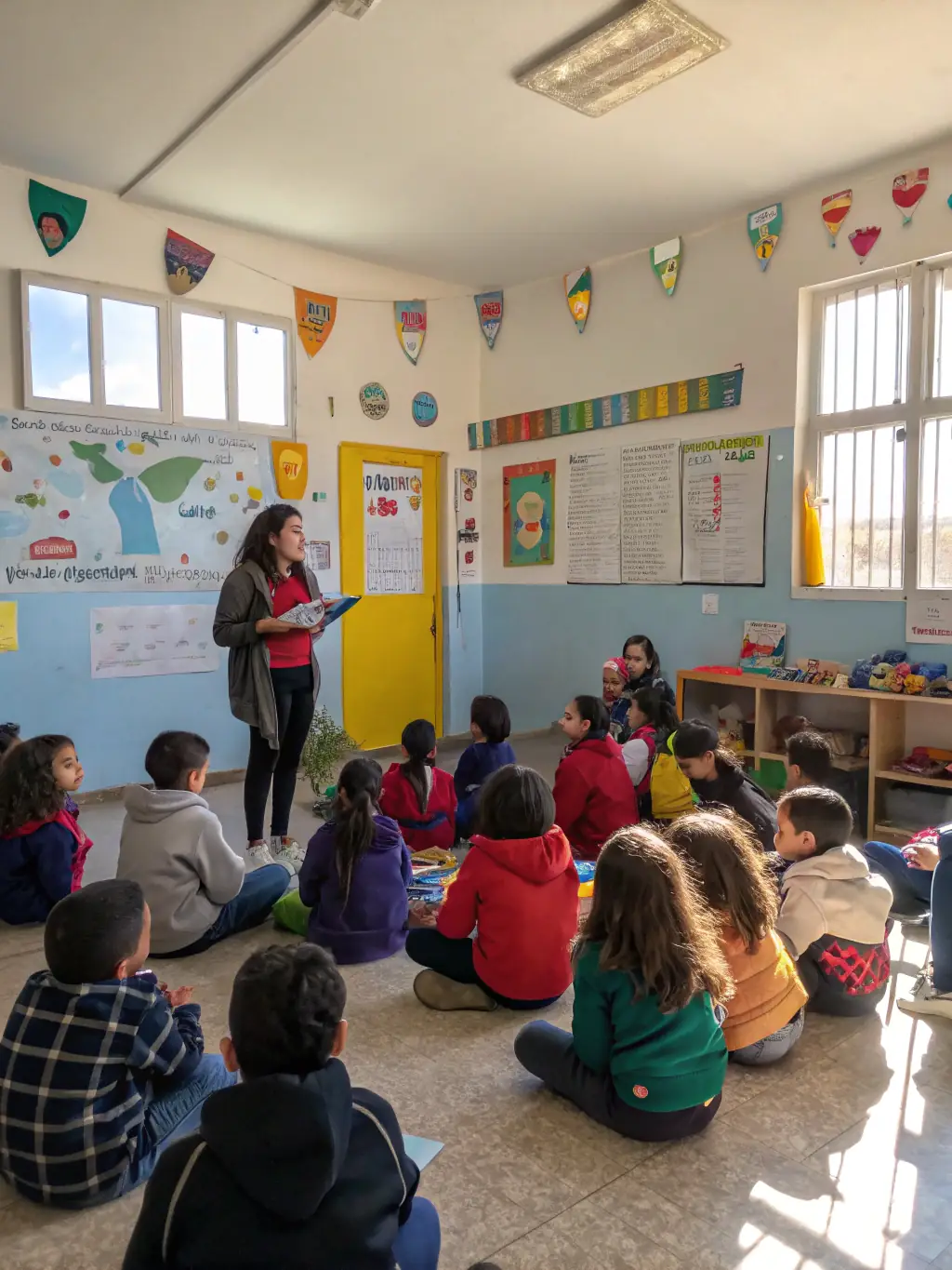 An image showcasing a workshop where students are actively participating in a creative writing exercise, guided by a BCD PASTEUR facilitator, emphasizing skill development.