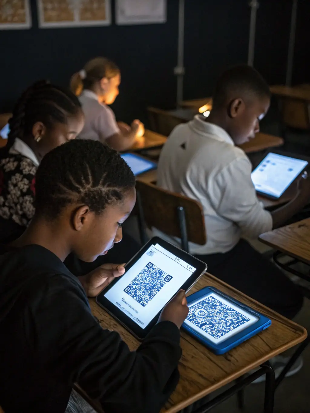 An image of students using digital tablets to access e-books and educational resources provided by BCD PASTEUR.