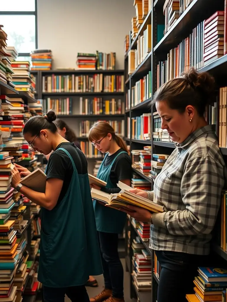 A photo of volunteers organizing and cataloging books in a school library, highlighting the collaborative effort behind BCD PASTEUR's programs.
