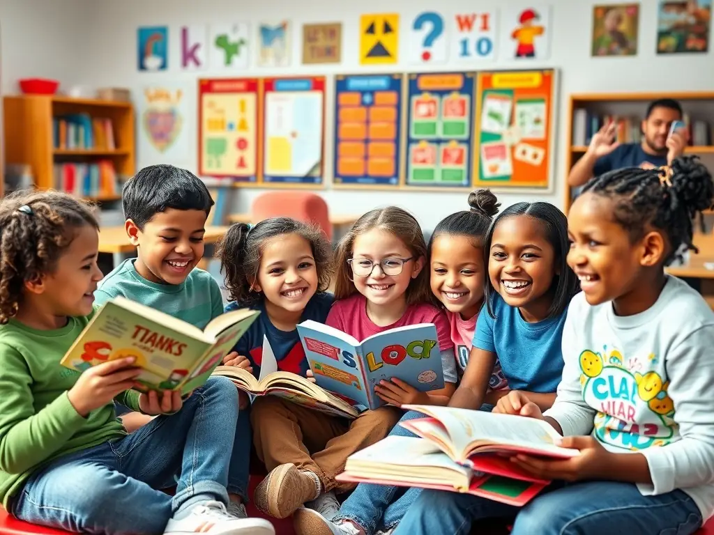 A vibrant photograph capturing a group of elementary school students gathered around a table, deeply engrossed in reading various books, with a teacher facilitating their learning process in a brightly lit classroom.