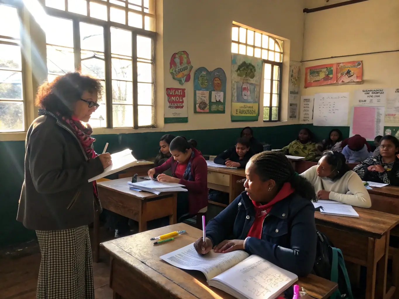 A diverse group of children are participating in a creative writing workshop, led by a professional author. The children are actively engaged in writing exercises, and the atmosphere is supportive and encouraging.