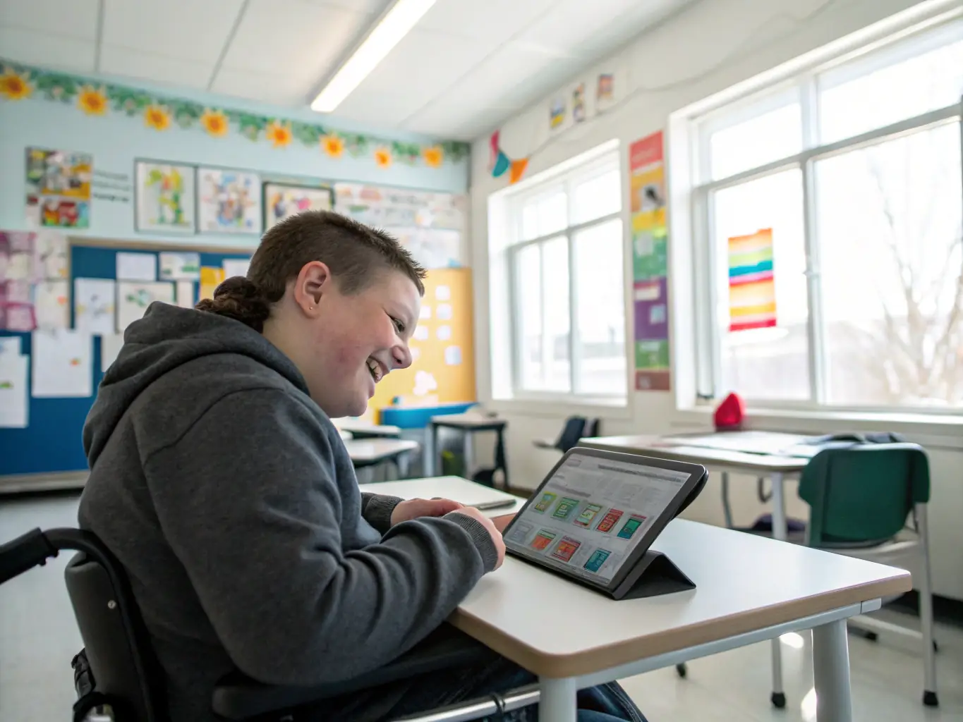 A heartwarming image showing a student with special needs using a tablet to access digital books, with adaptive tools and inclusive content displayed on the screen, highlighting the organization's commitment to inclusive education.