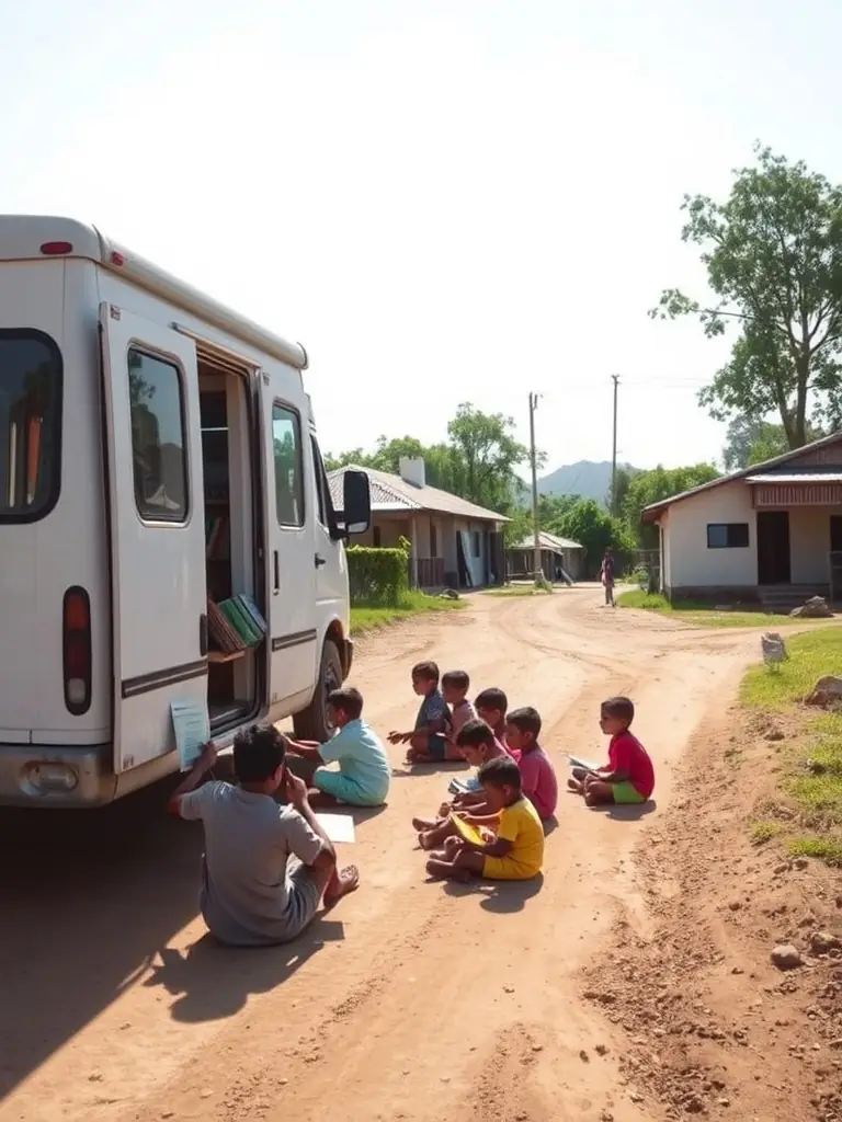 A photo of a mobile library van stocked with books, visiting a rural school to provide access to reading materials.