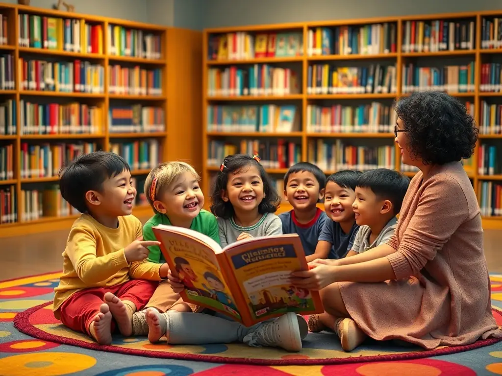 A dynamic shot of a school library filled with students actively participating in a storytelling session, led by a librarian, with colorful books and educational posters adorning the walls, emphasizing the organization's role in cultural development.