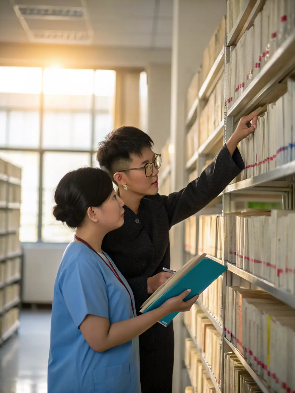 A picture of a librarian helping a student find a book in a well-stocked school library, emphasizing the importance of accessible reading resources.