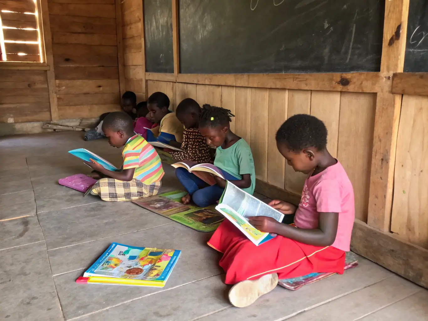 A group of elementary school students gathered around a table in a library, excitedly looking at a selection of colorful books. The scene is bright and inviting, emphasizing the joy of reading and discovery.