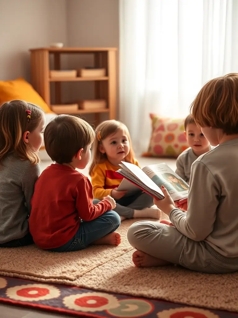A group of students participating in a storytelling session, with a focus on the expressive storyteller and the captivated audience.