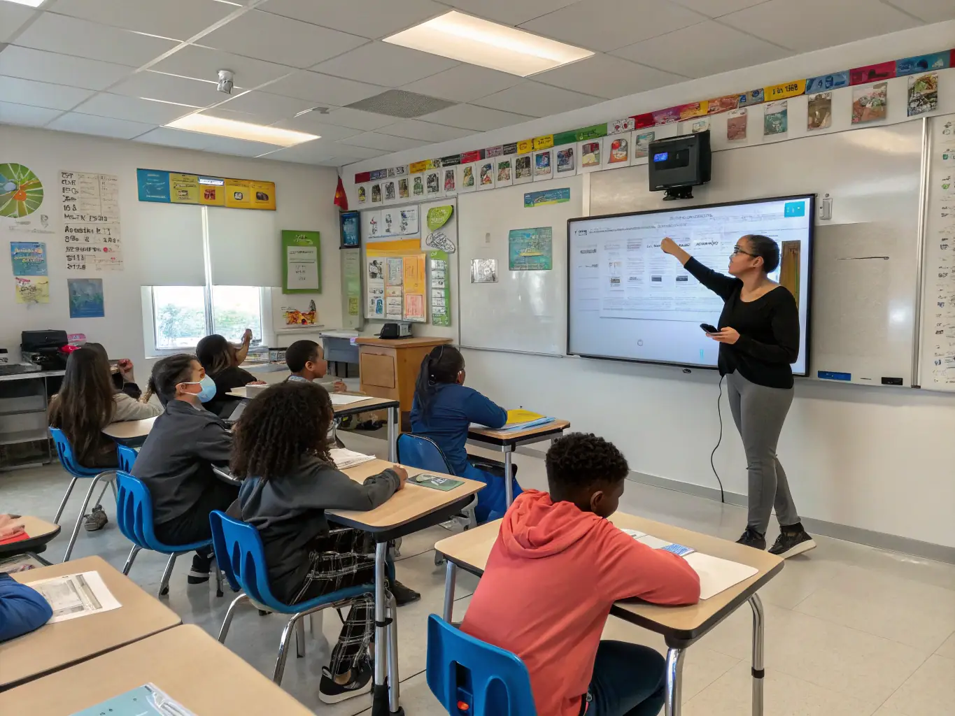 A teacher is leading a documentary film screening for a class of middle school students. The students are attentively watching the screen, and the atmosphere is one of engaged learning and discussion.
