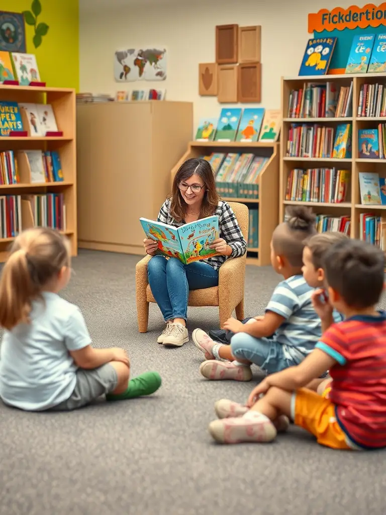 A photograph capturing a BCD PASTEUR volunteer reading aloud to a group of attentive children in a school library, highlighting the personal connection and mentorship provided.